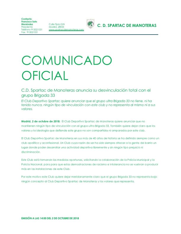 C.D. Spartac de Manoteras anuncia su desvinculación total con el grupo Brigada 33
